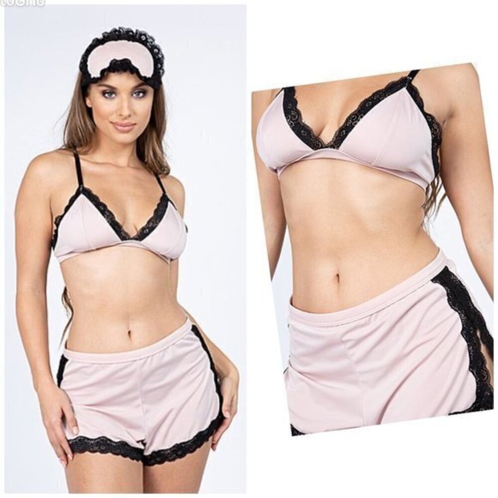 Just Sexy Pink & Black Lace 3 Pcs Bralette Shorts Set